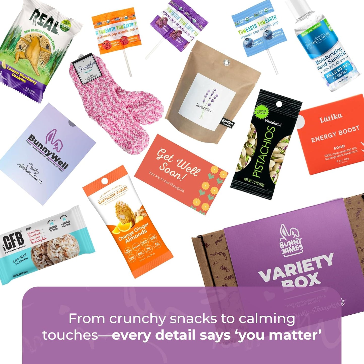 Bunny James Boxes Get Well Soon Vegan Get Well Soon Care Package – 12-Piece Gift Box with Healthy Snacks, Cozy Socks, Soothing Treats & More | Thoughtful Recovery Gift for Friends, Family, Coworkers