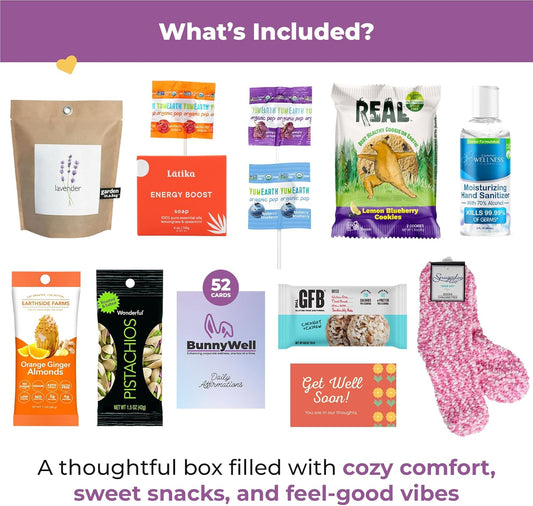 Bunny James Boxes Get Well Soon Vegan Get Well Soon Care Package – 12-Piece Gift Box with Healthy Snacks, Cozy Socks, Soothing Treats & More | Thoughtful Recovery Gift for Friends, Family, Coworkers