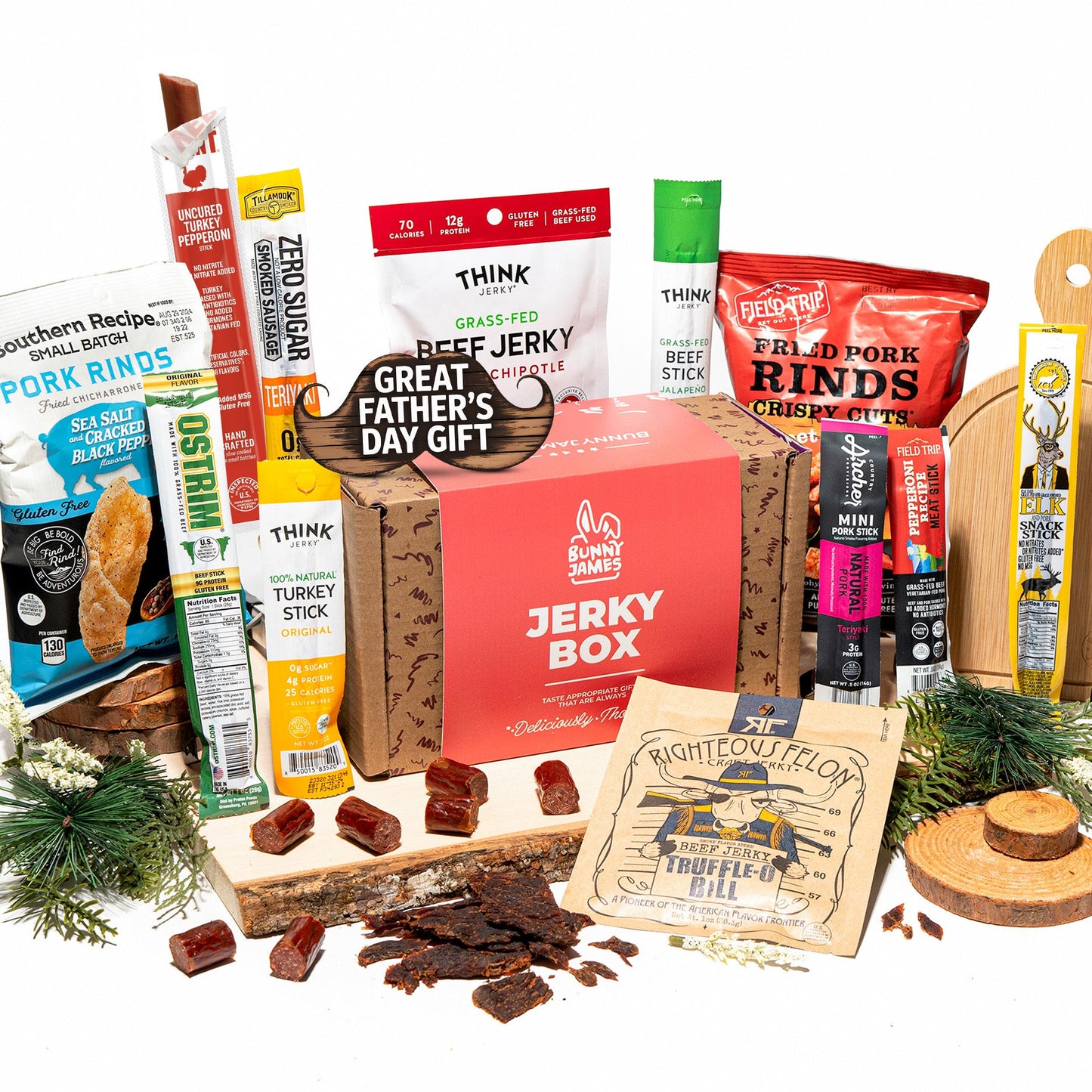 Bunny James Boxes Jerky Box Beef Jerky Gift Baskets for Men - Healthy & Exotic Jerky Variety Pack w Meat Snacks, Pork Rinds, Venison, Chicken, Pork & Beef Sticks - Unique Dad Birthday Gifts, Great Gifts For Men Who Want Nothing