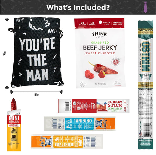 Bunny James Boxes Snack Jerky Gift Bag - Exotic Jerky Variety Pack in Fun You're the Man Bag
