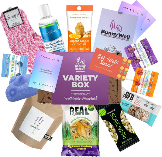 Bunny James Boxes Get Well Soon Vegan Get Well Soon Care Package – 12-Piece Gift Box with Healthy Snacks, Cozy Socks, Soothing Treats & More | Thoughtful Recovery Gift for Friends, Family, Coworkers