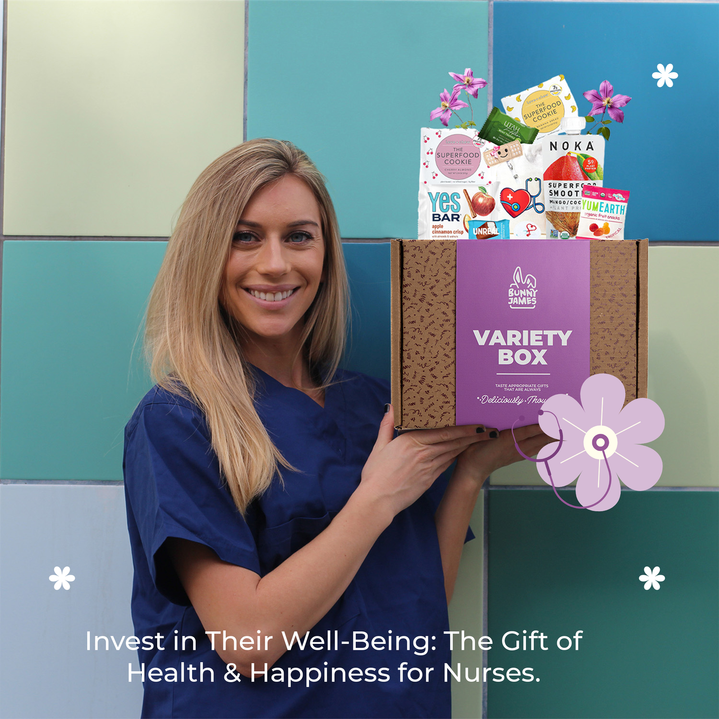 Bunny James Boxes Great Nurse Gifts- Variety Of Fruity Snacks, Nurse Badge Reel, Great Nurse Week Thank You Gift, Nurse Appreciation Gift, Nurse Care Package