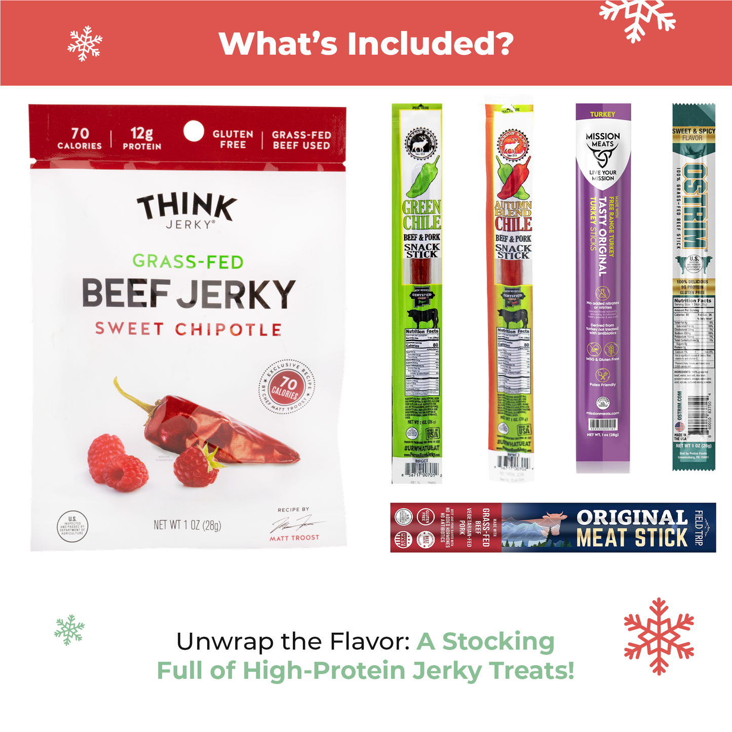 Bunny James Boxes Holiday Jerky Stocking: A Festive Red Stocking Stuffed with Delectable Jerky Treats Including Beef and Turkey Sticks Perfect for Gift Giving