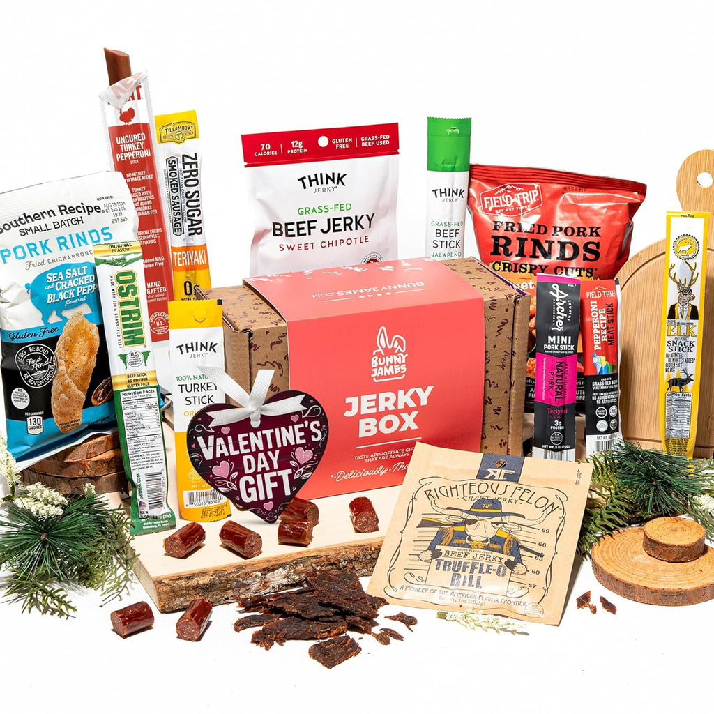 Bunny James Boxes Jerky Box Beef Jerky Gift Baskets for Men - Healthy & Exotic Jerky Variety Pack w Meat Snacks, Pork Rinds, Venison, Chicken, Pork & Beef Sticks - Unique Dad Birthday Gifts, Great Gifts For Men Who Want Nothing