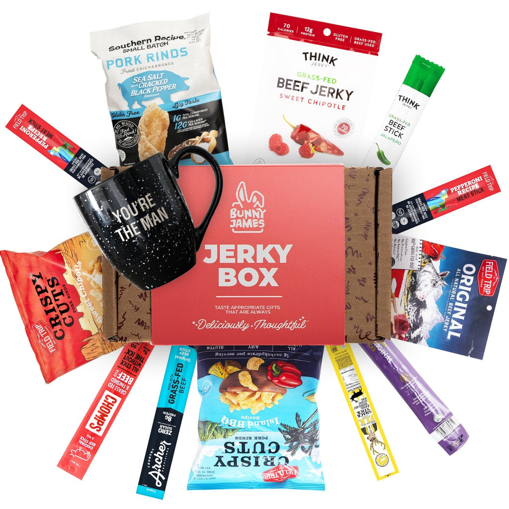 Bunny James Boxes Snack Boxes Black with White Speckles Beef Jerky Sampler Gift Box With Mug
