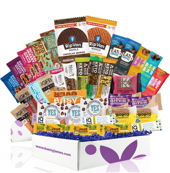 Bunny James Deluxe Protein Snacks Vegan Box, Healthy Gift Baskets for Men