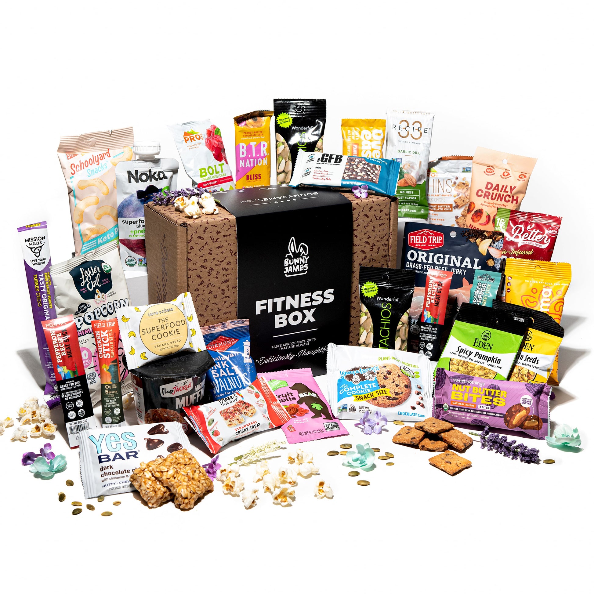 Deluxe High-Protein Snack Box, Organic, Non-GMO Bars, Nuts, Jerky & Mo – Bunny James Boxes