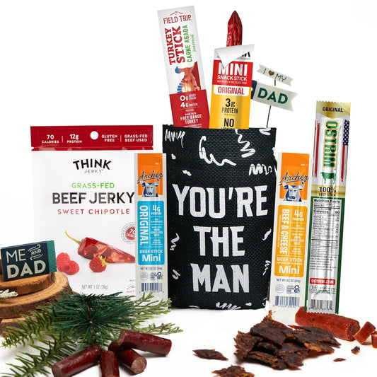 Bunny James Boxes Snack Jerky Gift Bag - Exotic Jerky Variety Pack in Fun You're the Man Bag