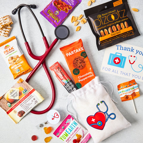 Nurse Appreciation Gift w Healthy Nurse Snacks, Cookies and Badge in a Themed Bag - Great Nurse Package - Nurse Food Gift All Healthcare Workers Will Love
