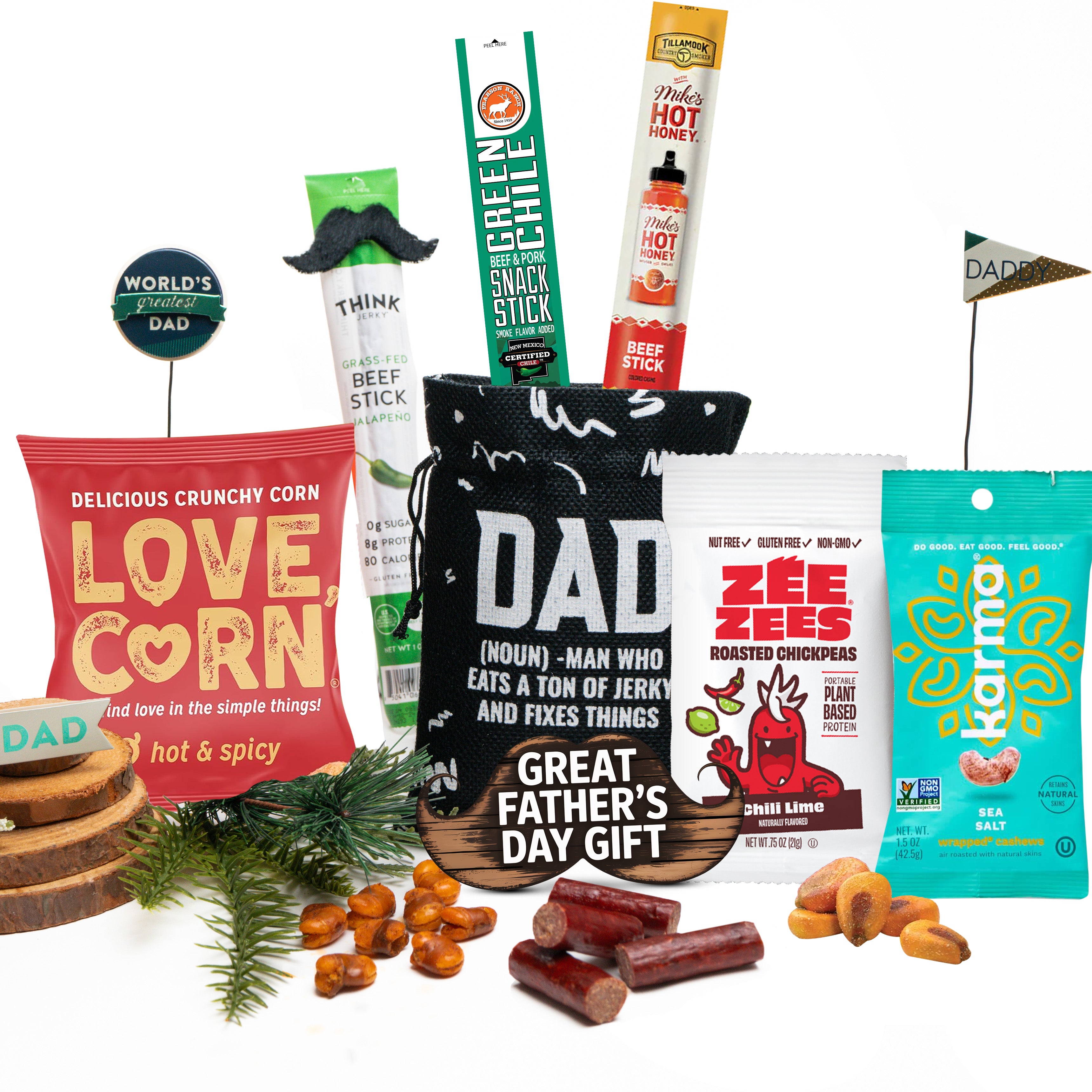 Spicy Jerky and Nuts Snacks Gift for Men - Jerky Gift in a Dad Bag Includes Variety Of Beef & Chicken Stick and Nuts - Surprise Gift From Daughter, Wife, Son
