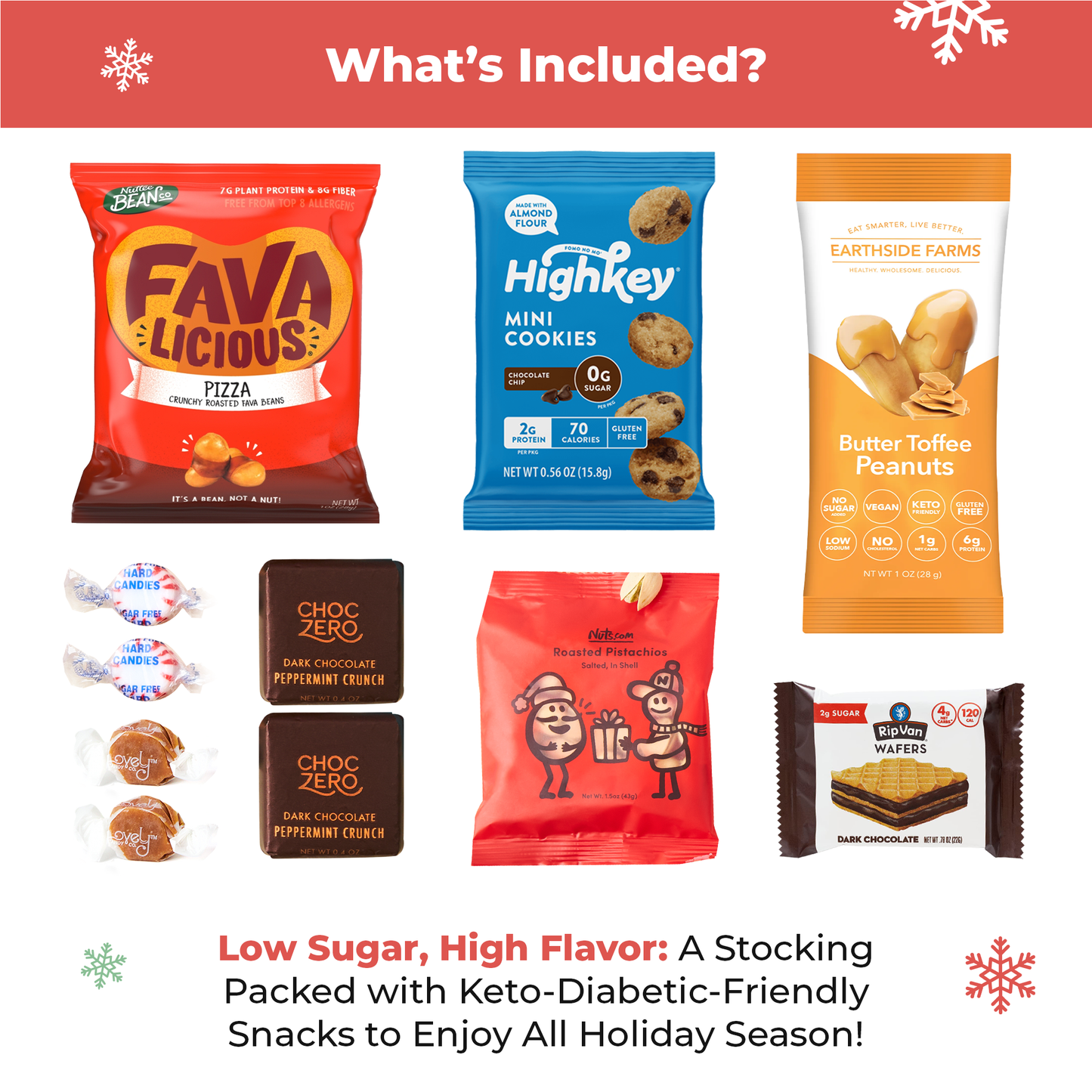 Bunny James Boxes Stocking Diabetic-Friendly Holiday Stocking: A Festive Red Stocking Packed with Delicious Low-Sugar Treats and Snacks Perfect for Thoughtful Gifting This Holiday Season