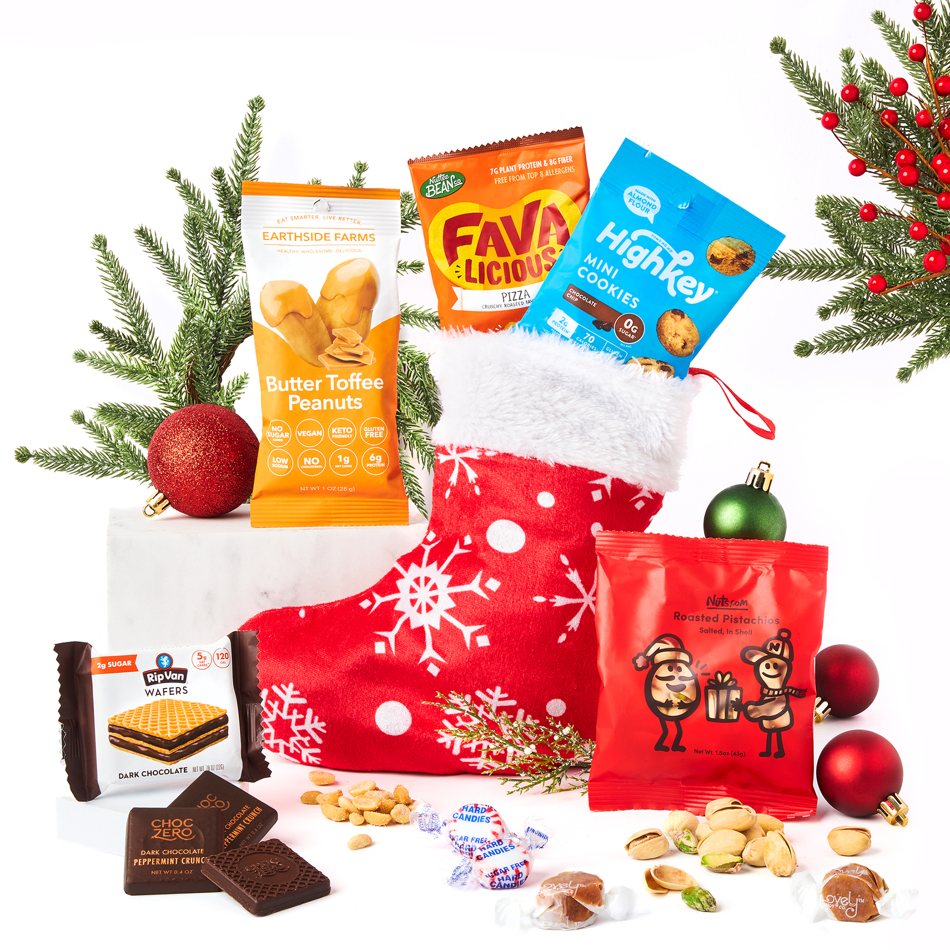 Bunny James Boxes Stocking Diabetic-Friendly Holiday Stocking: A Festive Red Stocking Packed with Delicious Low-Sugar Treats and Snacks Perfect for Thoughtful Gifting This Holiday Season