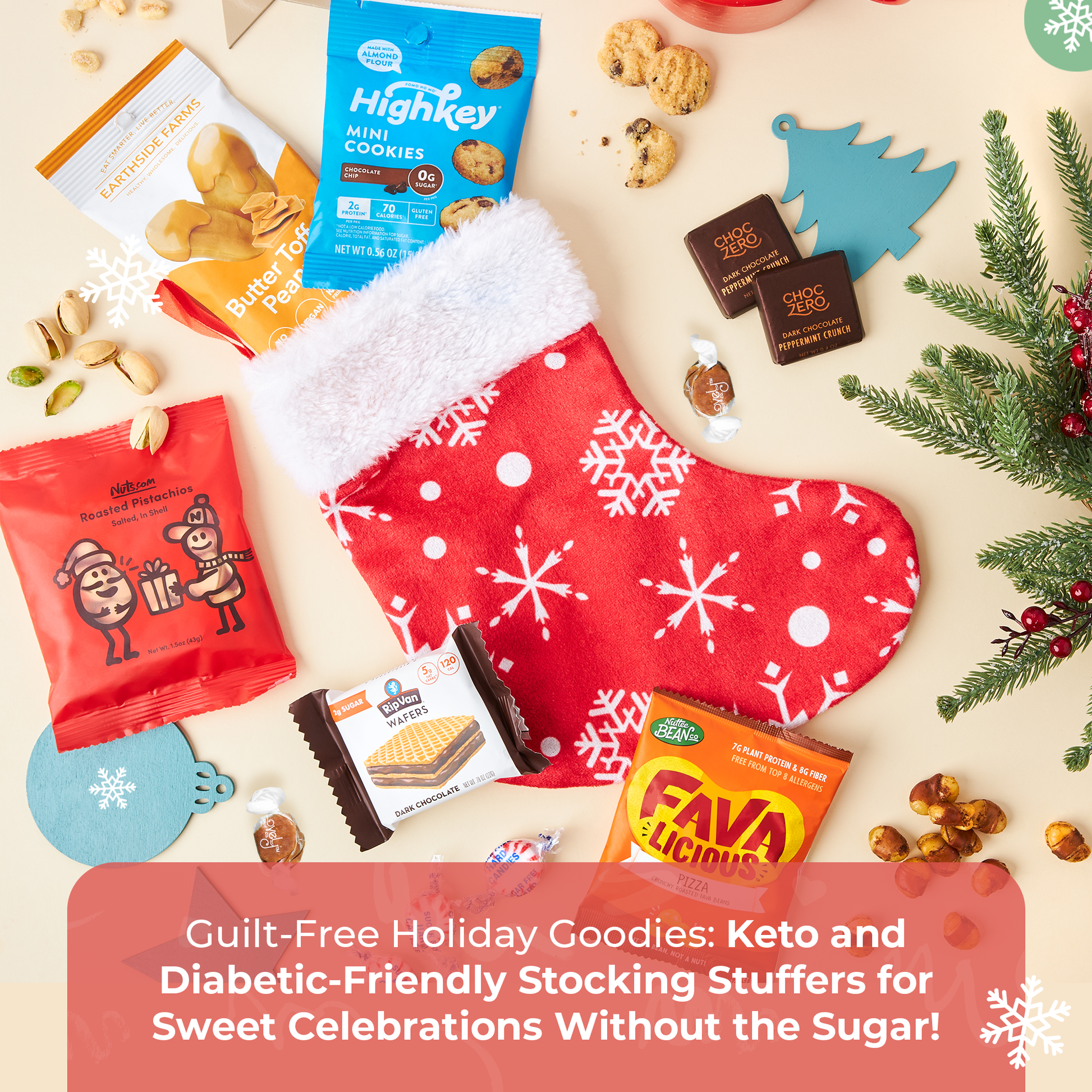 Bunny James Boxes Stocking Diabetic-Friendly Holiday Stocking: A Festive Red Stocking Packed with Delicious Low-Sugar Treats and Snacks Perfect for Thoughtful Gifting This Holiday Season