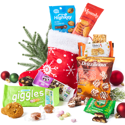 Bunny James Boxes Stocking Gluten Free Holiday Stocking: A Festive Red Stocking Brimming with Sweet Treats like Cookies, Caramels, and Crispy Delights Perfect for Gifting