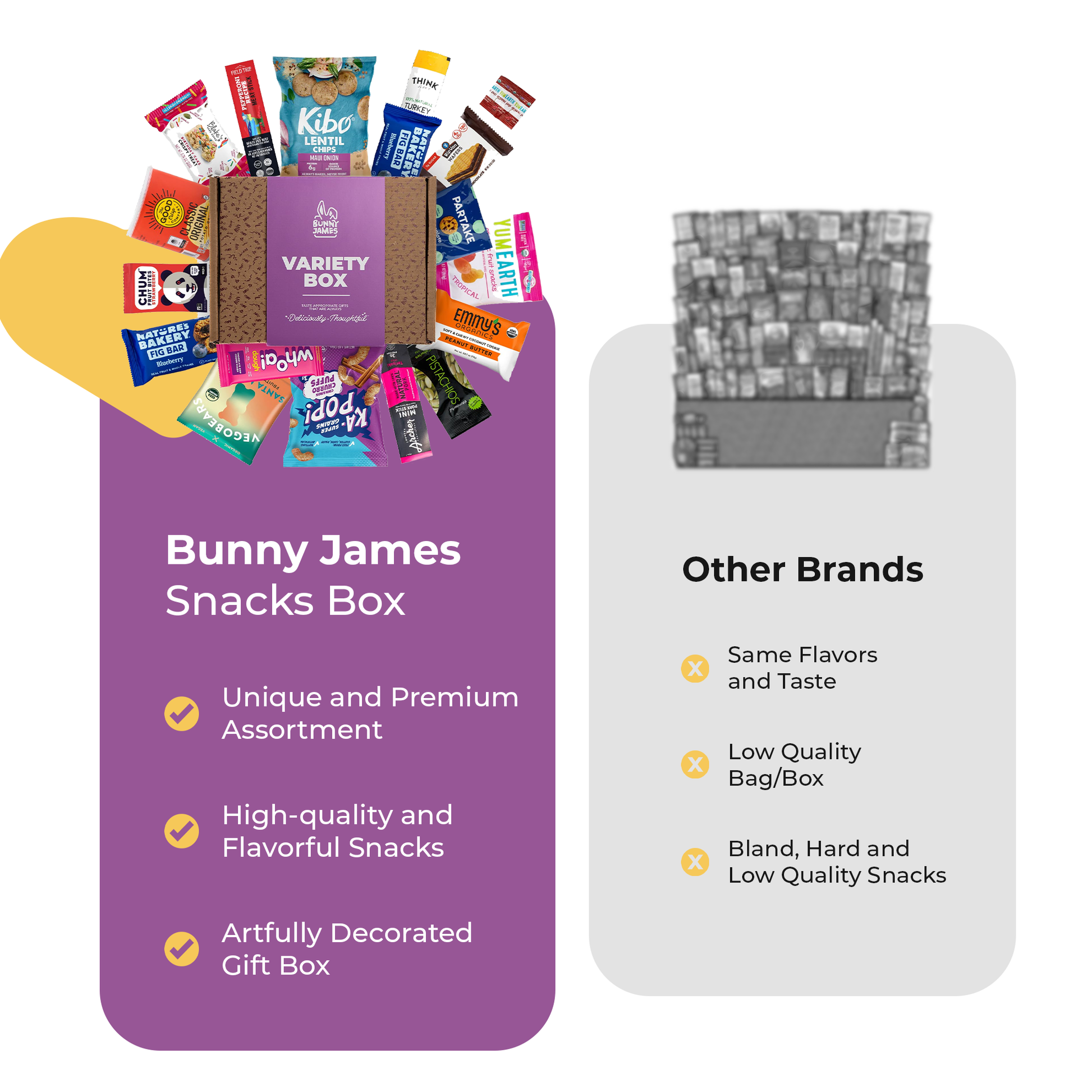 Bunny James Boxes Variety Box Fun Snack Sampler: Sweet & Savory Treats, Candy, Bars, Cookies, Chips