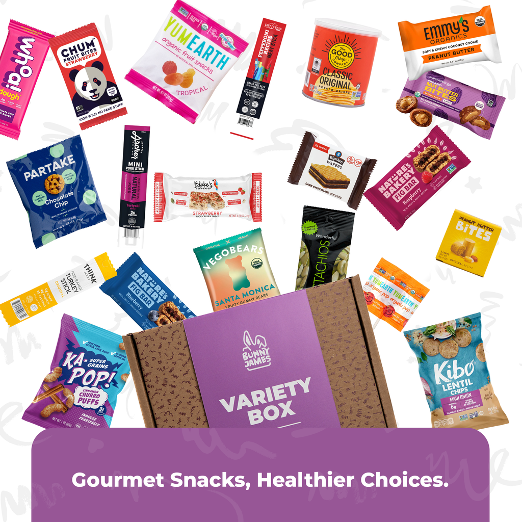 Bunny James Boxes Variety Box Fun Snack Sampler: Sweet & Savory Treats, Candy, Bars, Cookies, Chips