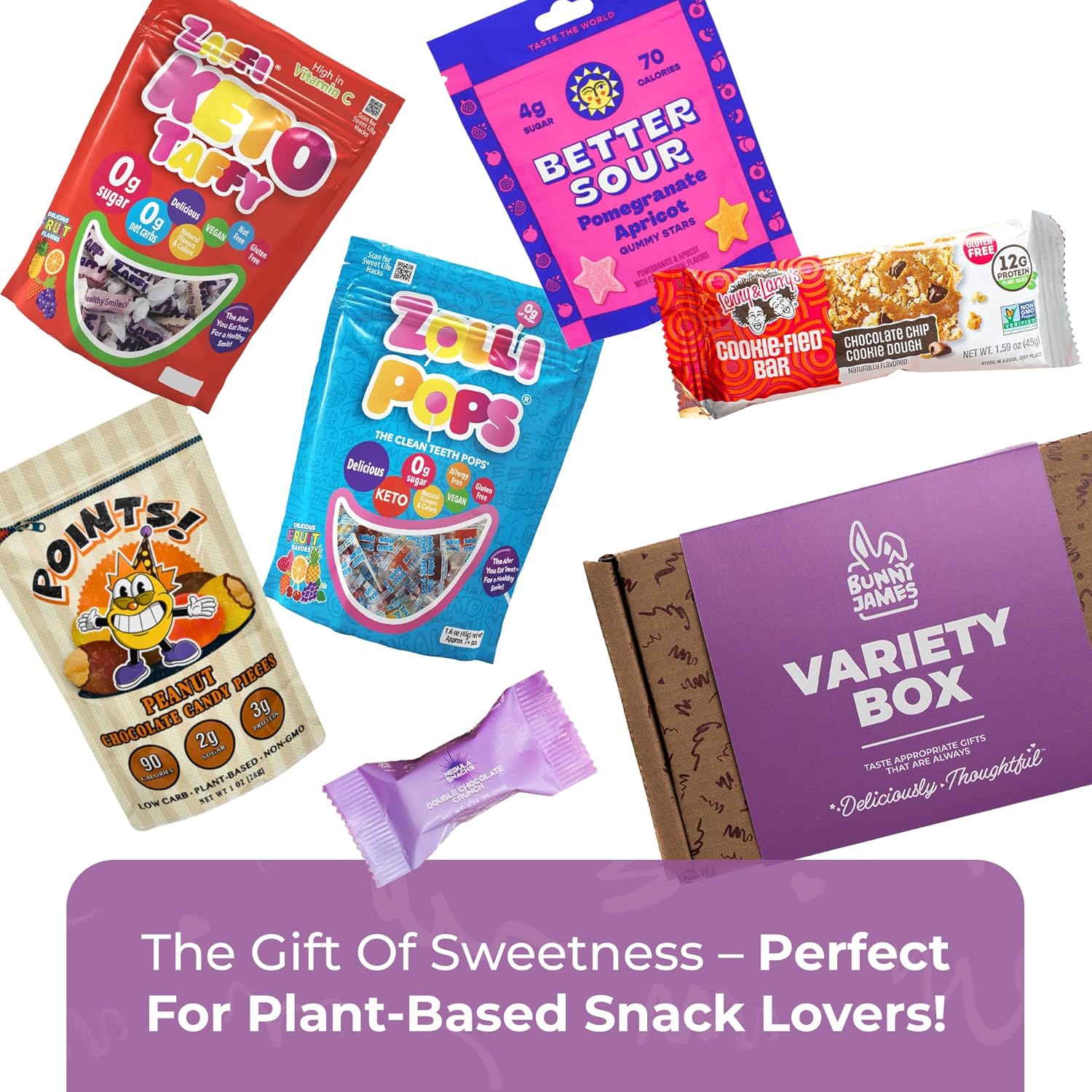 Bunny James Boxes Vegan Box Healthy Vegan Candy Gift Box - Mix Of Sour and Sweet Vegan Candy - Great Vegan Gift Basket Alternative, Amazing Gifts For Her and College Student Gift Care Package