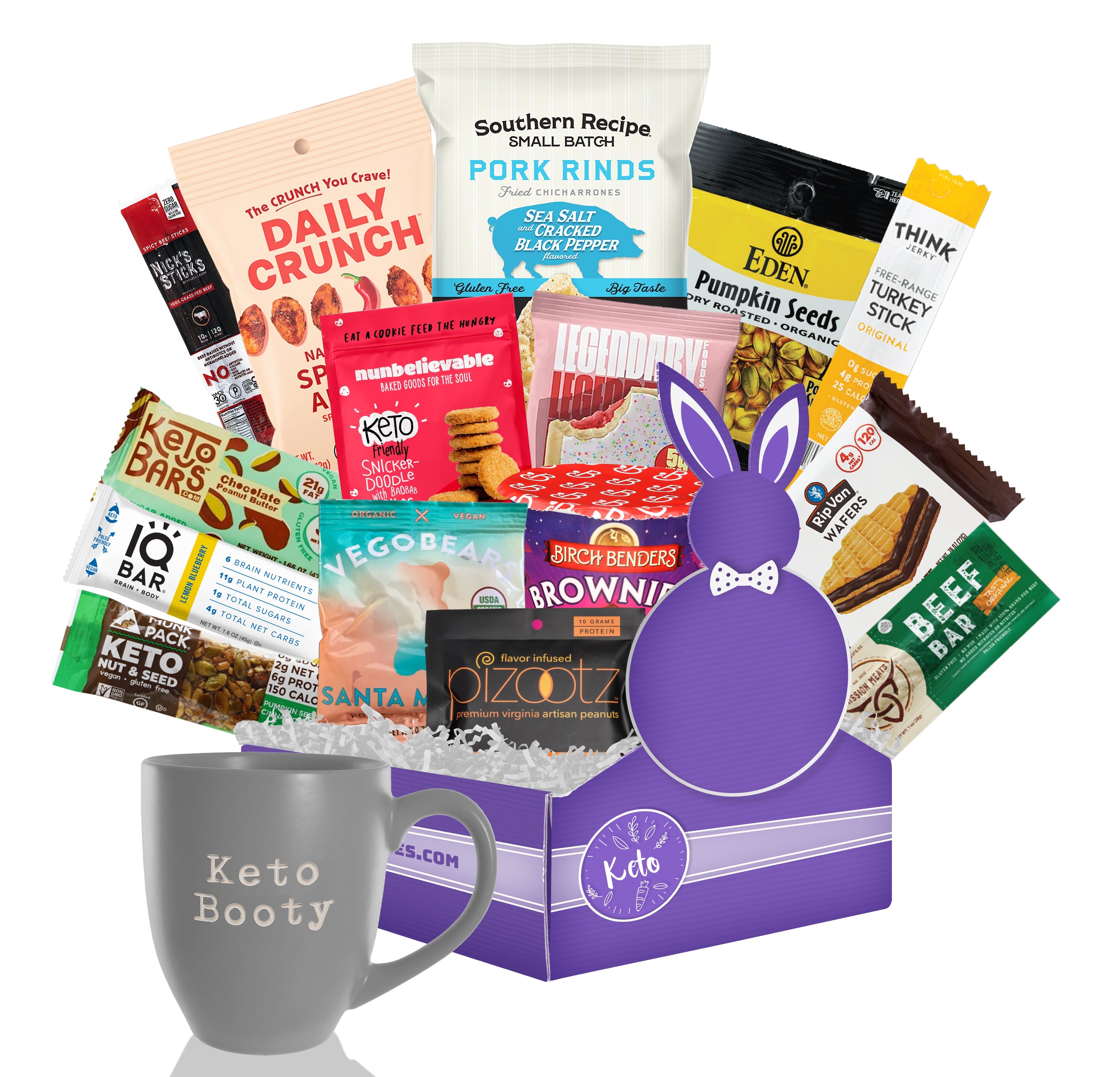 Keto Snacks Sampler & Engraved Keto Booty Mug Care Package | Bunny James Boxes | Bunny James Boxes